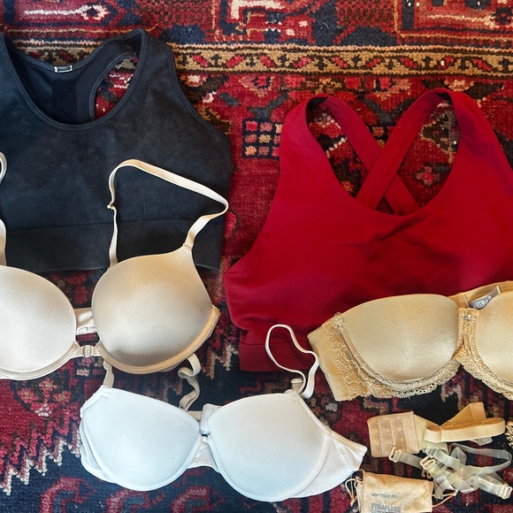 5 Bras (34B): 1Strapless, 2 PushUp,  w Straps & 2 Padded Exercise Bras - Picture 1 of 16